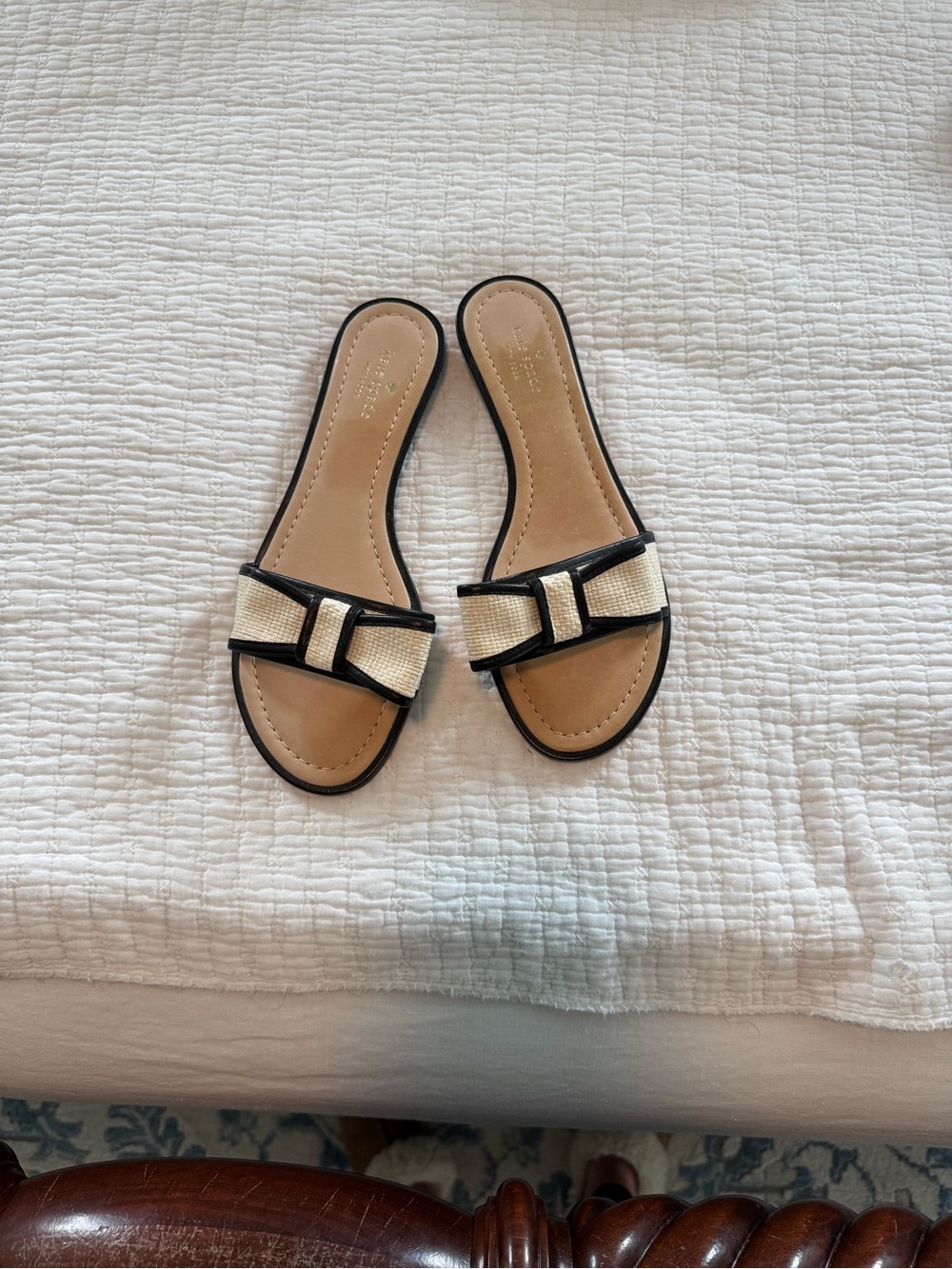 kate spade Beige and Black Bow Slide Sandals - Women